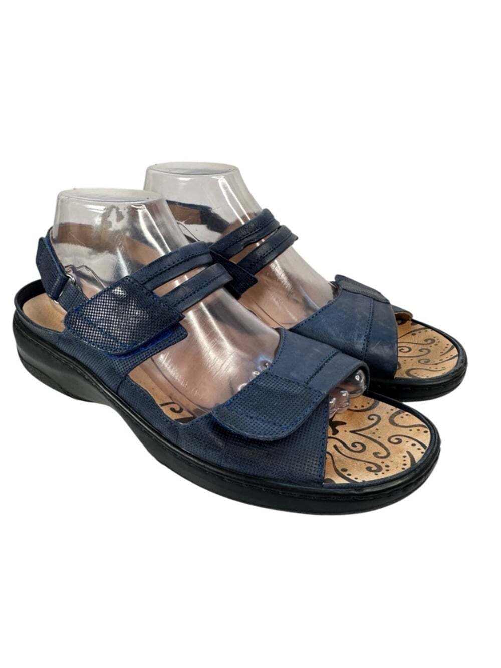 Portofino Navy Metallic Comfort Wedge Sandals Hook Loop Leather Womens 10